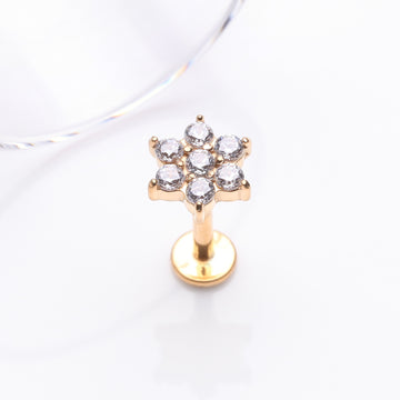 Detail View 1 of Golden Brilliant Sparkle Spring Flower Top Internally Threaded Steel Labret-Clear Gem